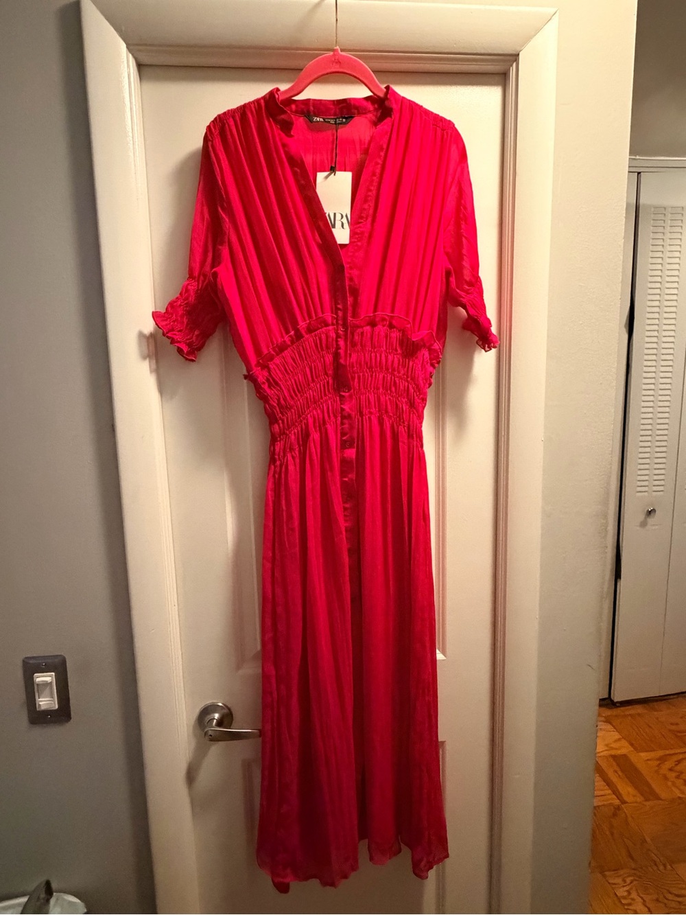 Zara Hot Pink Midi Shirred-Waist Women's Dress NWT M